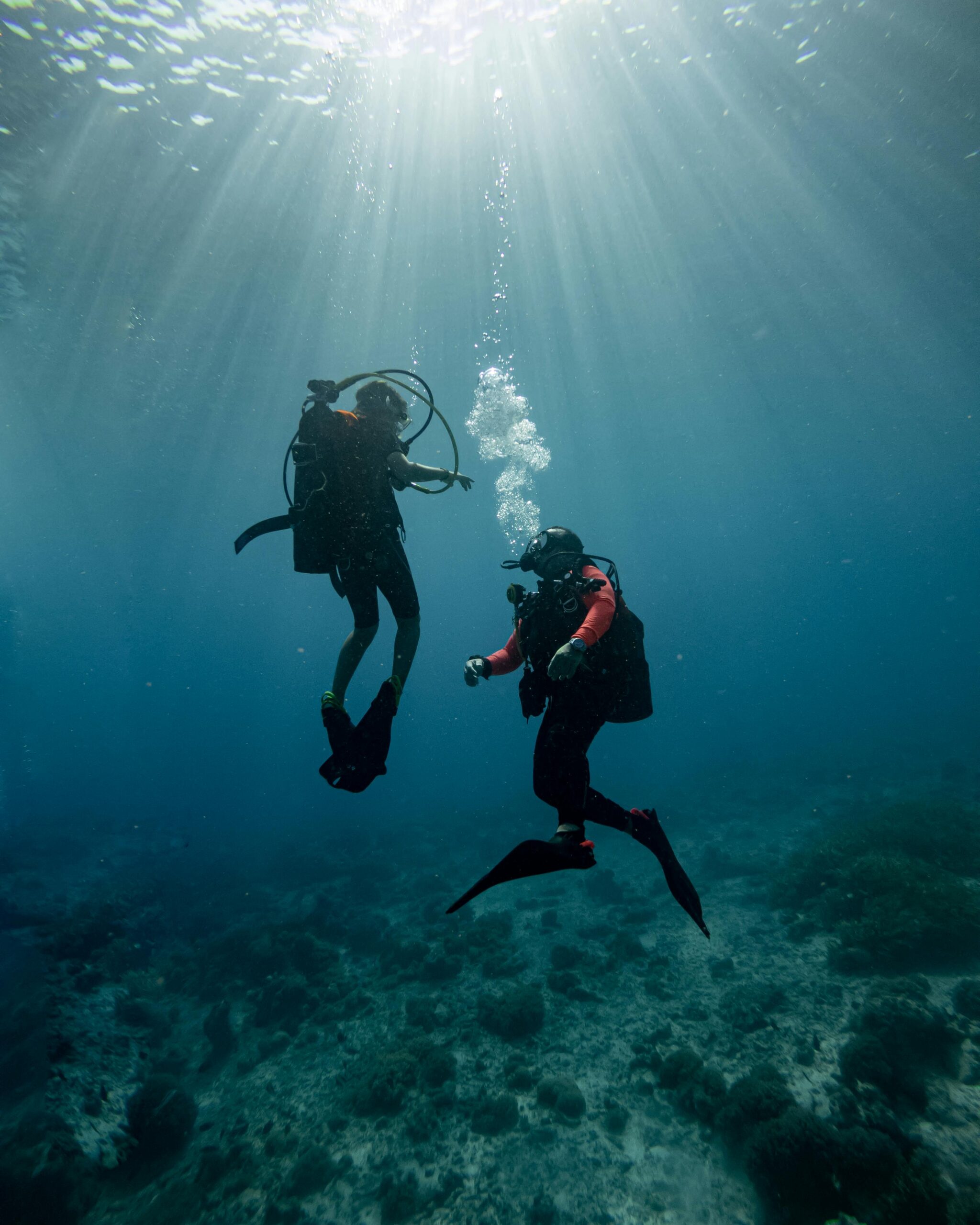 Two scuba divers underwater basking in sunlight rays, exploring the ocean depths.